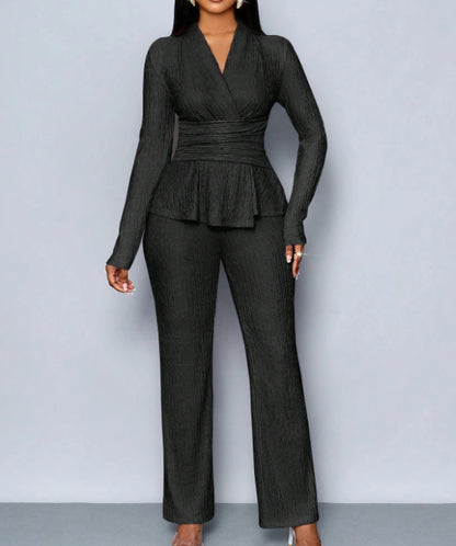 Womens Versatile, Waist-Cinching, Slimming Solid-Color Long-Sleeve Set