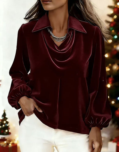 Fashionable Womens Top In Velvet With A Notch Lapel And Puff Sleeves