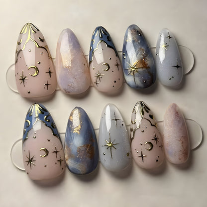 Cat Eye Gilded Press-On Nails, Star And Moon Shine Together Dreamy Romantic Style