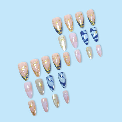 Cat Eye Gilded Press-On Nails, Star And Moon Shine Together Dreamy Romantic Style