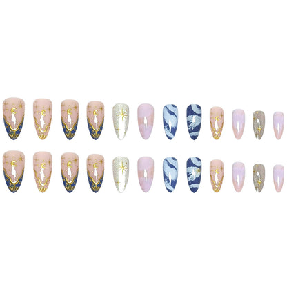 Cat Eye Gilded Press-On Nails, Star And Moon Shine Together Dreamy Romantic Style