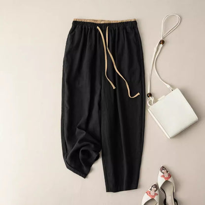 Womens Retro Korean-Style Simple Cotton-Linen Wide-Leg Casual Pants