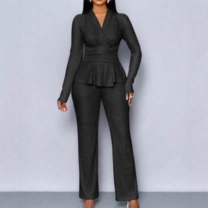 Womens Versatile, Waist-Cinching, Slimming Solid-Color Long-Sleeve Set