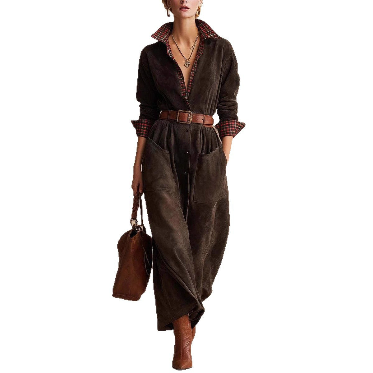 Womens Classic Retro Plaid Workwear Jumpsuit Dress