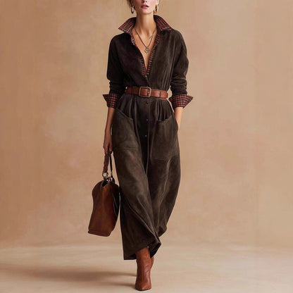 Womens Classic Retro Plaid Workwear Jumpsuit Dress