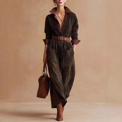 Womens Classic Retro Plaid Workwear Jumpsuit Dress