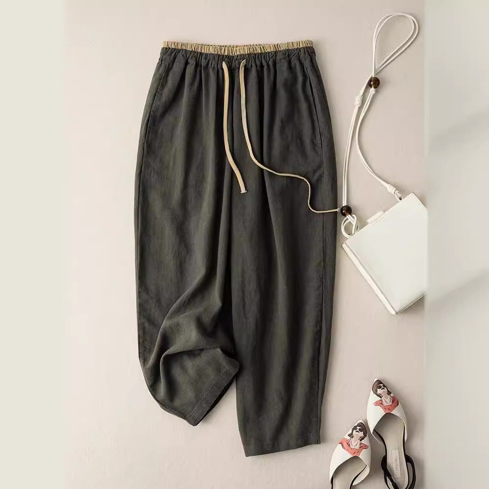 Womens Retro Korean-Style Simple Cotton-Linen Wide-Leg Casual Pants