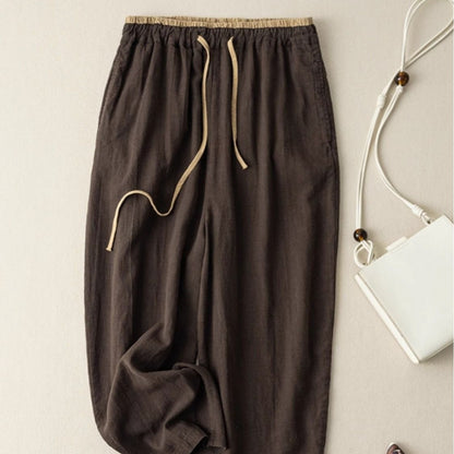 Womens Retro Korean-Style Simple Cotton-Linen Wide-Leg Casual Pants