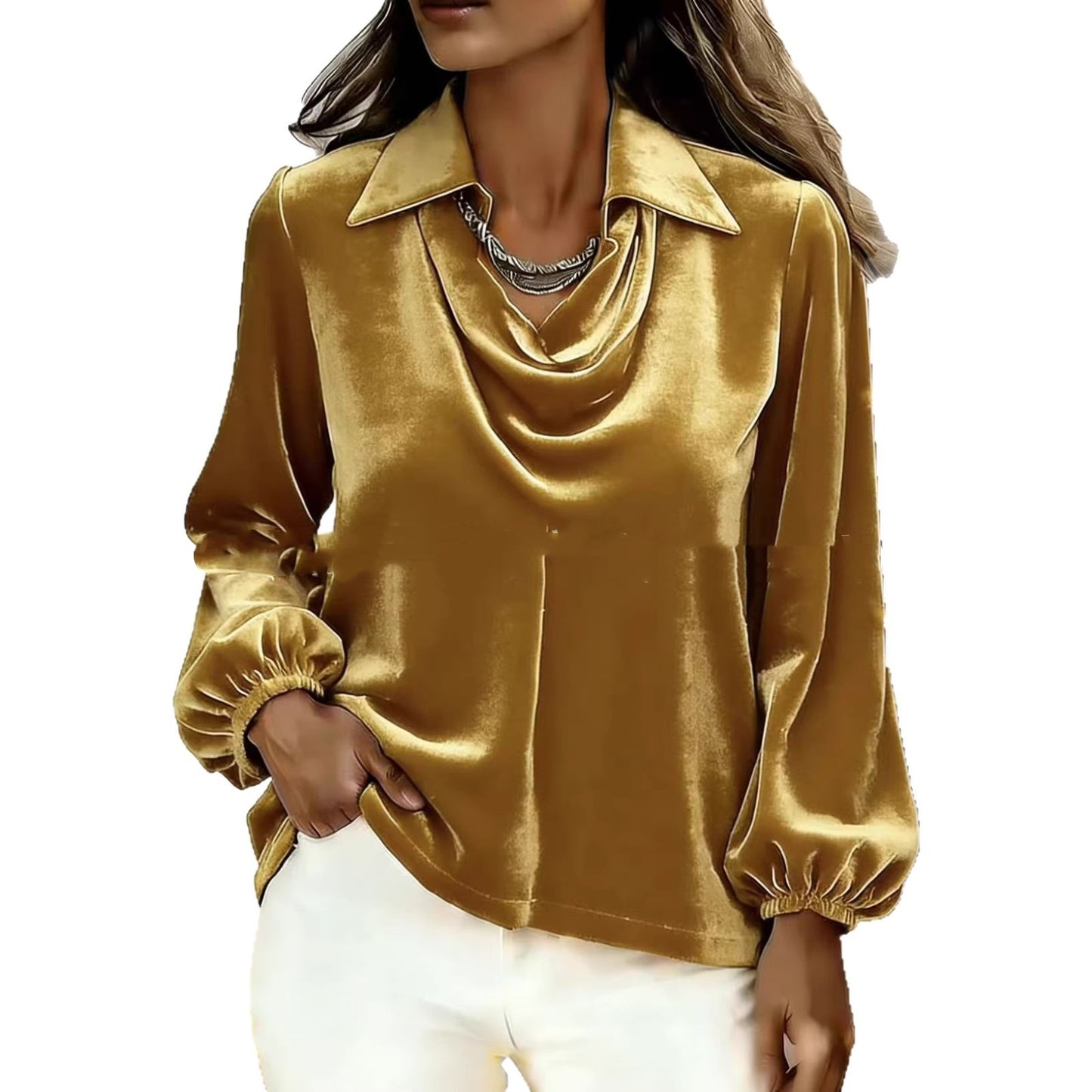 Fashionable Womens Top In Velvet With A Notch Lapel And Puff Sleeves
