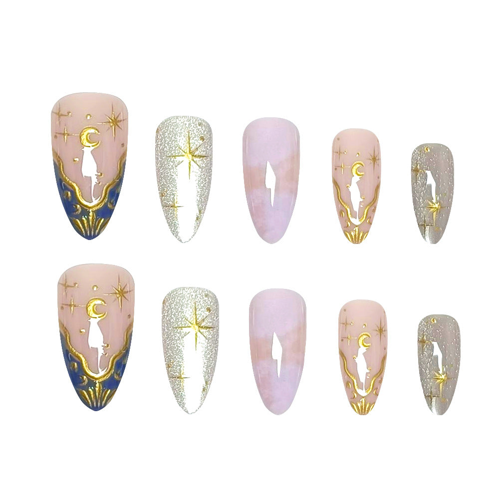Cat Eye Gilded Press-On Nails, Star And Moon Shine Together Dreamy Romantic Style