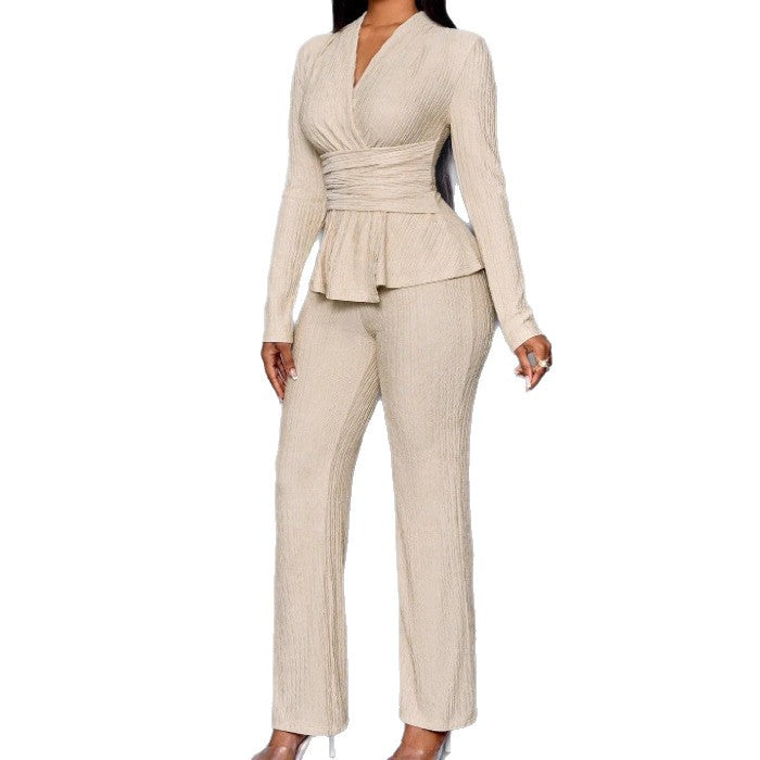Womens Versatile, Waist-Cinching, Slimming Solid-Color Long-Sleeve Set
