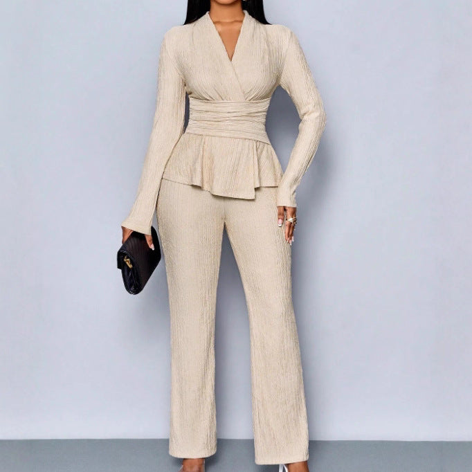 Womens Versatile, Waist-Cinching, Slimming Solid-Color Long-Sleeve Set