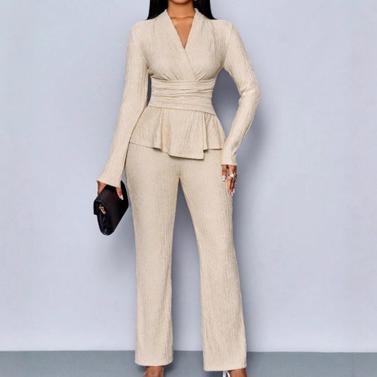 Womens Versatile, Waist-Cinching, Slimming Solid-Color Long-Sleeve Set