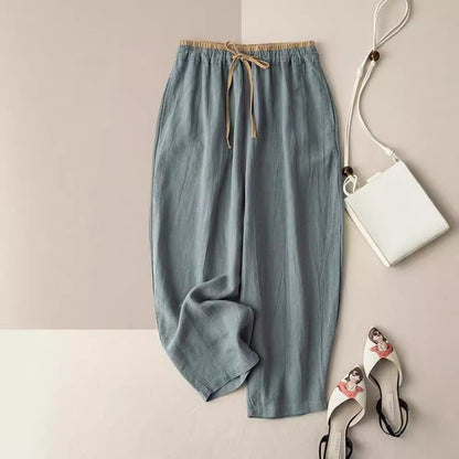 Womens Retro Korean-Style Simple Cotton-Linen Wide-Leg Casual Pants